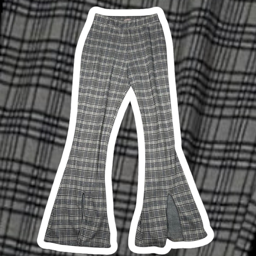 Plaid Flare Pants‎ Split Hem 70s VTG Trousers High Rise Retro Stretchy S